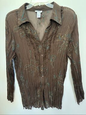 Wothington Woman 2X, Brown Embroidered Crinkle Button-Up Blouse EUC